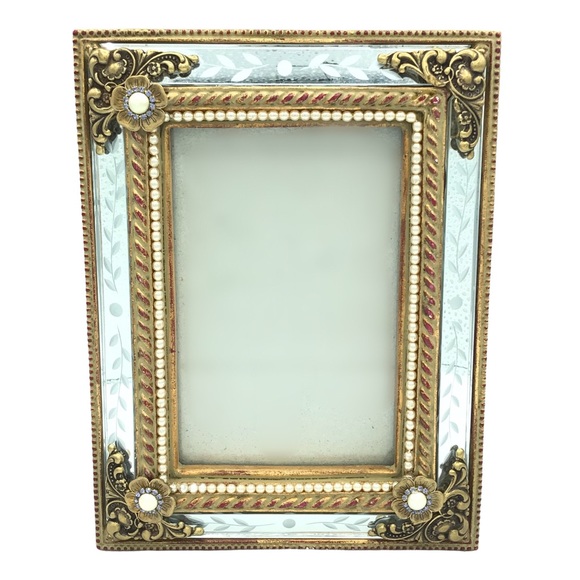 Vintage Jo Marz Signed Repousse Scroll Rhinestone Faux Pearl Mirror Photo Frame